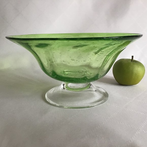 Hand Blown Art Glass Bubble Green glass Pedestal Bowl - Picture 1 of 9